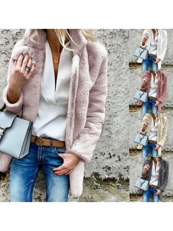 Ladies Long Sleeve Lapel Collar Solid Color Fluffy Coat