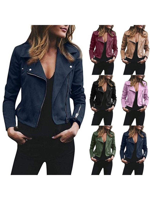 Winter Fashion Women Solid Color Blazer Slim Diagonal Zipper Suede Leather Jacket