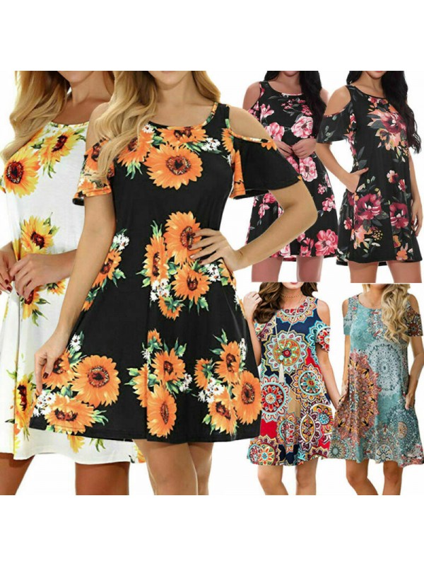 Ladies Sunflower Cold Shoulder Mini Dress Tops Summer Beach Sundress Size