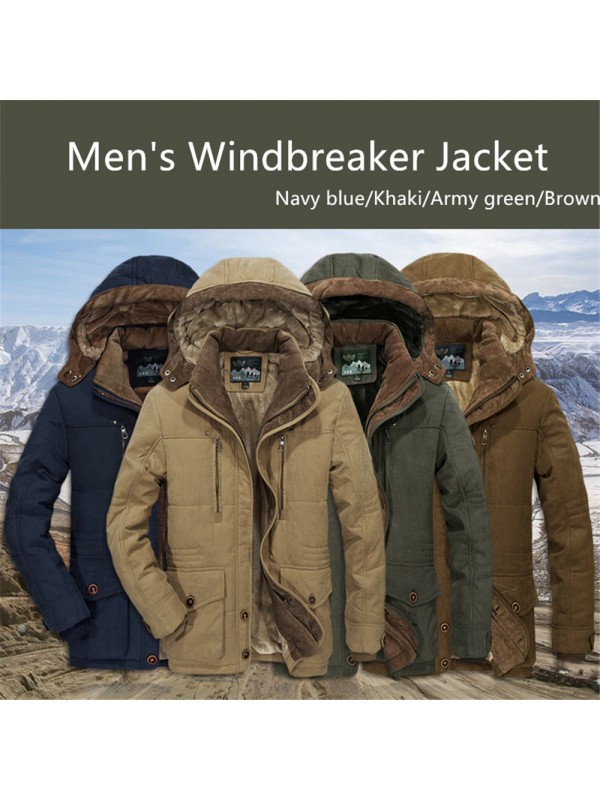 Men's Mid-length Windbreaker Jacket Hooded Thick Coat