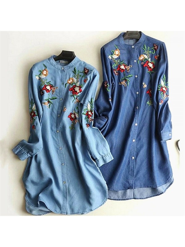 Ladies Casual Button Down Embroidery Flower Denim Dress